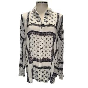 Free People Little Secret Blouse White Printed Button Front Long Sleeve XS